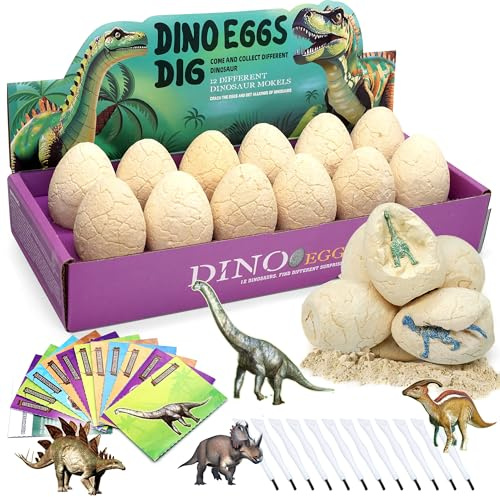Kit di scavo per uova di dinosauro - Uova di dinosauro con 12 dinosauri all'interno, giocattolo di dinosauro per bambini di 5-7 anni, compleanno, ragazzi di Pasqua per ragazze di 3-10 anni.