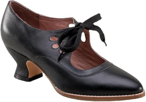 Women's Mary Jane Pumps Vintage Chunky Heel Lace Up High Heel Ladies Hollow Pointed Toe Dress Shoes for Daily(Black,6 UK)