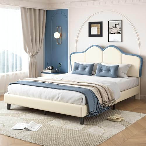 BTM Lit Rembourré 140x200, Lit Double avec Tête de Lit, Cadre de Lit 140x200cm avec Sommier à Lattes, PU, Blanc et Bleu (sans Matelas)