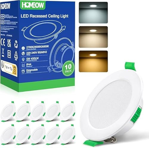 HOMEOW Spot Led Encastrable Extra Plat, 5w Spot Encastrable Led 68mm - 78mm Découpe, Blanc Chaud 2700K Blanc Neutre 4000K Blanc Froid 6000K Spot Salle de Bain IP44 pour Cuisine, Lot de 10