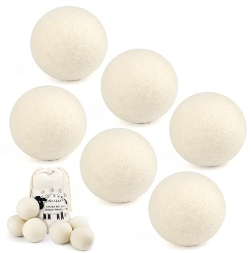 MXTIMWAN 6 Pcs Boule Seche Linge, 7cm Balle de Sechage Seche Linge, Boules de Séchage en Laine avec sac de rangement, Alternative à l’Adoucissant Naturel, Réutilisables, Réduit le Temps