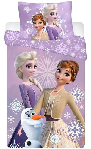 Disney Frozen sängkläder för juniorsäng | påslakan 100 x 135 cm och örngott 40 x 60 cm, 100 % bomull | mjuk och andningsbar | Elsa, Anna och Olof | lila snöflingedesign