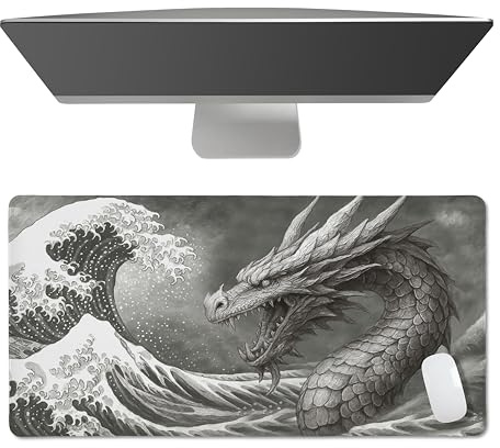 Sweet Jojo Designs Large Mouse Pad (Black and White Dragon) Desk Mat for Keyboard and Mouse Pads, Gaming Mousepad, Office Desk Accessories for Men & Women (Grey, Japanese Wave Art, Fantasy Aesthetic)
