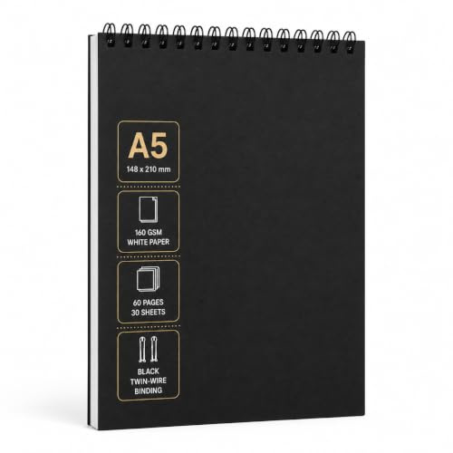A5 Sketchbook, Spiral Bound Drawing Pad, 160 GSM Premium White Paper, 30 Sheets (60 Pages), Soft Cover with Grey Backing Board for Sketching, Drawing, Illustration & Journaling