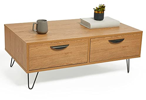 VonHaus Coffee Table for Living Room - Oak Wood Effect Living Room Table - 2 Drawer Centre Table with Storage - Rustic Tea Table with Black Hairpin Legs & Handles - Modern Lounge Furniture - Capri