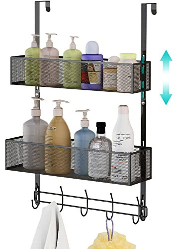 LUCYCAZ Over Door Hanger Hooks, Adjustable Over The Door Hooks Organiser with 10 Coat Hooks & 2 Mesh Basket, Over Door Storage Towel Rack Back of Door Organiser for Bathroom Kitchen (Black)