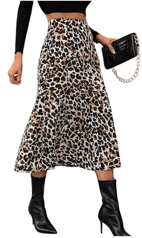 GORGLITTER Women's Leopard Print A Line Flowy Midi Skirt High Waisted Casual Long Skirts Brown XL