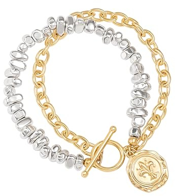 Aobei Perla due toni a strati braccialetti per le donne Oro e argento Bracciale in metallo misto Chunky Dichiarazione Moneta Charm Bracciale con Toggle