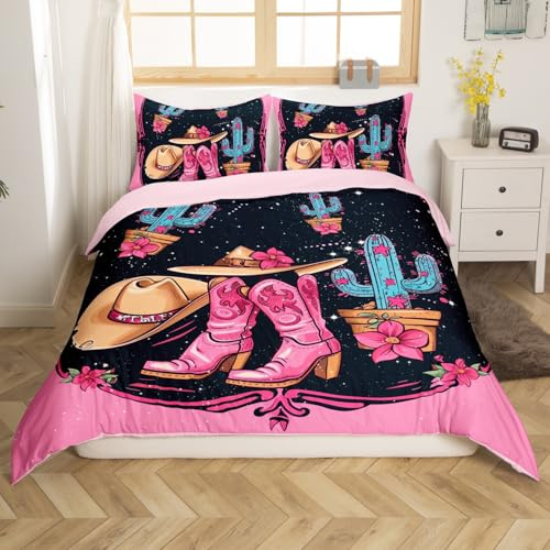 Homemissing Kids Pink Western Cowgirl Duvet Cover Western Cowboy Bedding Set Double Size for Boys Girls Bedroom Bed Decor Cowboy Hat Boots Comforter Cover Western Bedspread Cover for All Season