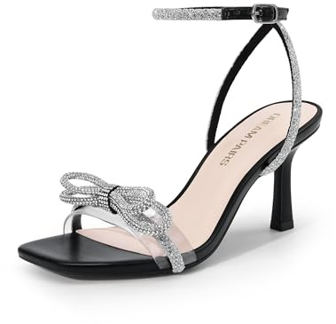 DREAM PAIRS Women's Double Bowknots Heels Sandals,Black-Pu,5.5