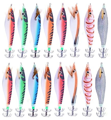 IMCCZONY 16 Piezas 9,6G 10 cm Luminou Calamar Jig Pesca Madera CamaróN SeñUelo Calamar Sepia Jigs SeñUelos Cebos de Pesca