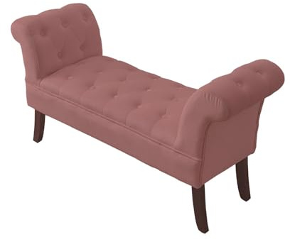 FWStyle Pink Velvet Cushioned Window Seat Bench – Padded Accent Seating with Button-Stitched Detailing and Black Wooden Legs – Partially Assembled for Living Room, Bedroom, Entryway