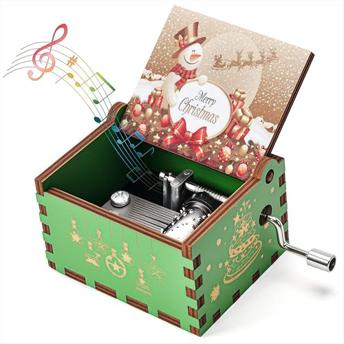 Qzakce Carillon in Legno a Manovella Verde con Musica Merry Christmas Vintage Regalo Musicale per Compleanno Anniversario Natale per Famiglia Amici