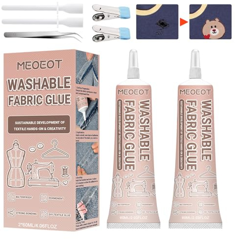 Meoeot Textilkleber, Stoffkleber Textilkleber, Waschmaschinenfest, Klarer Stoffkleber für Stoffe, DIY Stoffreparatur, Stoff Kleben Extra Stark für Alle Stoffe, Baumwolle,Denim,Flanell,Polyester 60ML*2