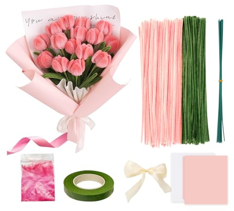 Pipe Cleaners Tulip Bouquet Set for Beginner, Pipe Cleaners for Craft, With Packaging Paper, Color Powder Florist Wire Tape, Ribbon,Tutorial, For DIY Craft Projects and Craft Decorations (Pink)