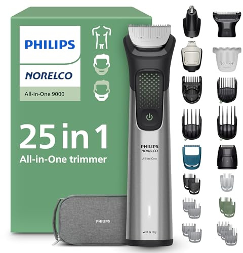Norelco Philips All-in-One 9000 Series 25-Piece Trimmer - Electric Shaver and Clipper for Face, Beard, Head & Body, Self-Sharpening Full Metal Blades, 27 Length Settings (0.5-20 mm), MG9580/40
