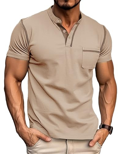 PRIVIMIX Tee Shirt Homme Manches Courtes avec Poche - Été Coton Henley Tshirt pour Travail et Sport, M-3XL