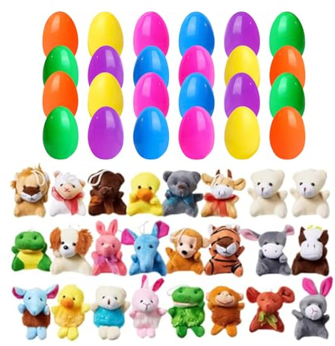 Rihqey Prefilled Easter Eggs, Rising Easter Hunt KitGift, Cute Colorful Plush Animal Toy, Surprise Pre Filled Bag Basket Toy, for Basket Stuffer Prize Reward Goodie Loot Filler Party Favor