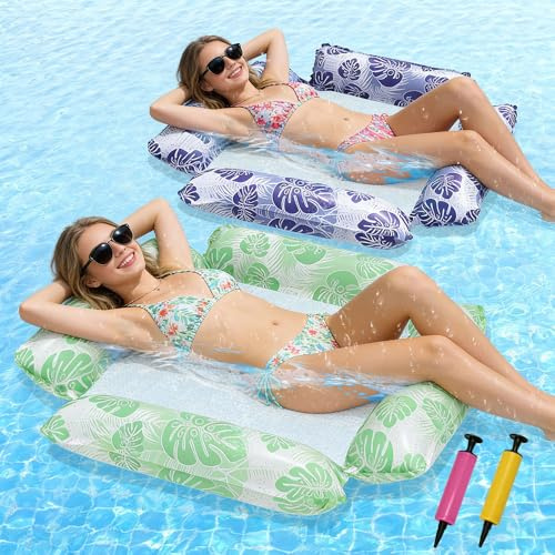 2 Pcs Inflatable Pool Floats, 4-in-1 Inflatable Pool Hammock with Air Pump, Pool Inflatables for Adults, Inflatable Pool Chair, Water Hammock, Floats for Swimming Pools
