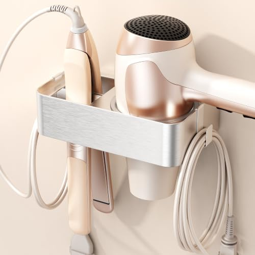 Gsocel Soporte para Secador de Pelo sin Taladro, Soporte Secador de Pelo de Acero Inoxidable con Gancho para Cable, Organizador Adhesivo de Pared para Secador y Plancha de Pelo - Plateado