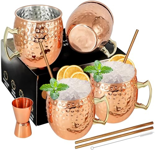 SuproBarware Moscow Mule Copper Mug Set of 4 Copper Moscow Mule Mugs 18oz Plated Stainless Steel Cups with 1/0.5oz Jigger for Cocktails Cold Drinks Barware