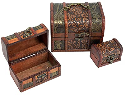 Benera Juego de 3 cofres del tesoro de madera, aprox. 16 x 12 x 12 cm, baúles apilables