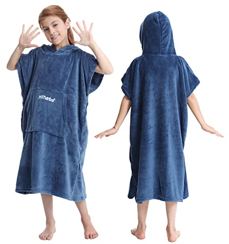 Hiturbo Kids Changing Robe Towel Poncho Bath Robe with Hooded for Beach,Swimming,Surfing Navy