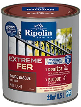 RIPOLIN - Peinture pour Fer Extérieur - Glycéro Antirouille - Sous-couche intégrée - Application directe sur Rouille - Résistante aux Intempéries, UV et Chocs - Brillant - 0,5L - Rouge Basque RAL 3004