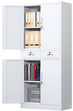JINGUR Metal Storage Cupboard with Locking Doors and 2 Drawers, Lockable Steel Storage Cabinets with Adjustable Shelves for Home Office Garage Kitchen Pantry (White)