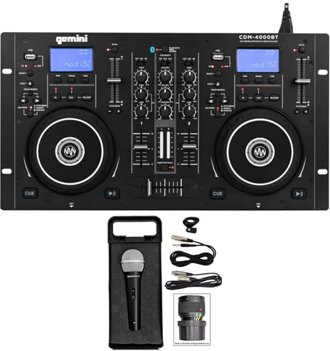 Audiosavings Bundle:(1) Gemini CDM-4000BT Dual DJ CD/USB Media Player with Bluetooth + Mixer Bundle with (1) Rockville RMC-XLR High-End Metal DJ Handheld Wired Microphone Mic w (2) Cables (Items 2)