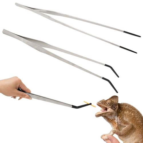 JarThenaAMCS 2Pcs Extra Long 15 Inch Stainless Steel Reptile Feeding Tongs Tweezers with Rubber Tip Aquarium Tweezers Straight and Curved Long Handle Feeder Tool Terrarium Feeder Supplies (Silver)