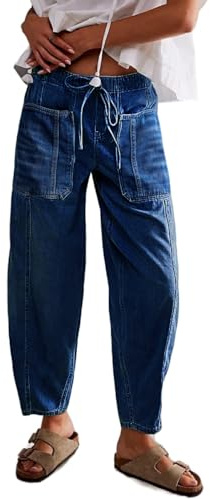 LifeShe Women's Wide Leg Baggy Jeans Elastic Low Rise Barrel Jean Loose Boyfriend Denim Pants with Drawstring Deep Blue, X-Large, Blue