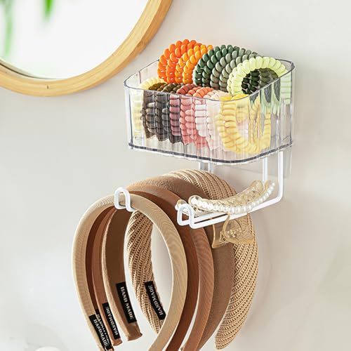 MORNITE Adhesive Clear Hanging Headband Organizer Wall, Makeup Storage Box with Brackets Rack Caddy for Hair Headband Jewelry Clips Pins Rings