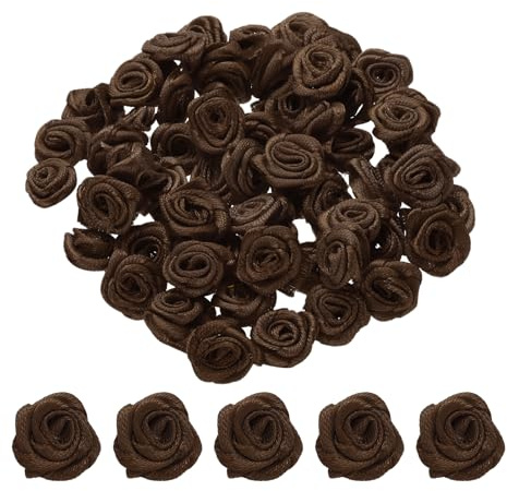 QUARKZMAN 100pz 1,5cm Mini Rose di Nastro in Raso Fiori Artificiali Stoffa Nastro Raso per Accessori Fai Da Te Cucito Confezione Regalo Decorazione Matrimonio, Marrone Scuro