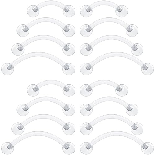 16g Clear Piercing Retainers For Surgery - Bioflex Plastic Clear Eyebrow Piercing Curved - Invisible Cartilage Earrings For Rook Helix Daith Tragus Conch Vertical Labret Snake Bite 8,10,12mm (16pcs Set)
