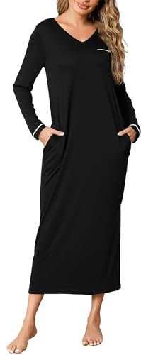 Leversic Women Long Sleeve Nighties Long Nightgown Front Chest Pocket V Neck Cotton Nightdress Home Nightwear for Lounge(Black,M)