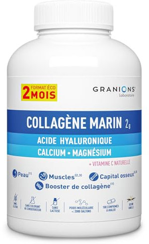 GRANIONS Collagene Marin 2 MOIS- Collagene et Acide Hyaluronique Hydrolysé, Vitamine C, Magnesium & Calcium - Anti Age, Booster de Collagene - 180 Comprimés à Avaler - Collagene Marin Goût Vanille
