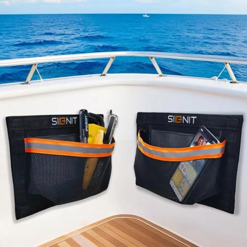 2 PCS 10x7 Boat Storage Mesh Bags, Boat Accessories Bag, Long-Lasting Boat Organizer, Self-Adhesive Universal Boat Storage Mesh Bag for Boaters, Fishermen, RV Owners, and Campers