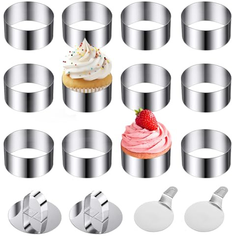 Zyiphor 12 Pièces Cercle à Patisserie en Acier Inoxydable 8cm Diamètre 4cm Haut Emporte-pièces Ronds avec Couverture et Spatule Moule à Mousse à Dessert Moules à Tartelettes