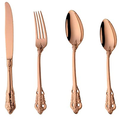 4 Piece Set Knife Fork and Spoon Cutlery Set, Embossed Stainless Steel Dinner Forks, for Home Kitchen Salad Forks, Fruit Forks Silverware Set，Rose Gold