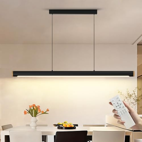 FANLG LED Lampara techo colgante,100CM Lampara Colgante Cocina Negro Regulable con Control Remoto,38W Lampara Comedor lineal Iluminación Colgante regulable altura para Comedor Cocina Oficina