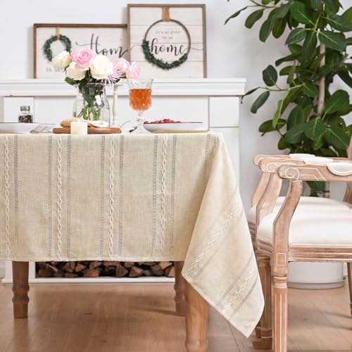 Artoid Mode Nappe de table rectangulaire en coton et lin - Style maison de campagne - Style maison de campagne - Lavable - Pour cuisine, vacances, fête - Style bohème - Beige