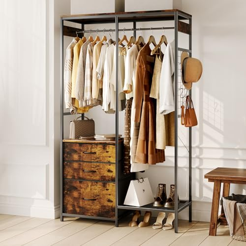 Heavy Duty Clothes Rack with 3 Drawers & LED Light, Garment Rack with 3 Shelves, Free Standing Wardrobe Organizer with 8 Hooks for Bedroom, Small Space, Garming Room（37.8W x 66.93H, Rustic Brown）
