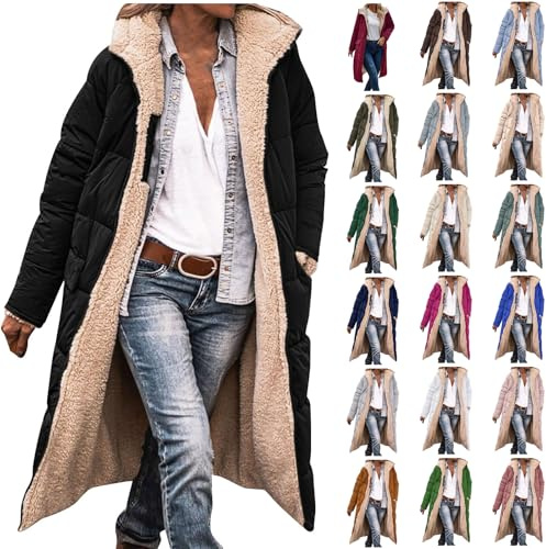 DUHGBNE ladies sheepskin coats and jackets Winter Coats for Women UK Fleece Lined Padded Jacket Coat Full Zip Hooded Long Jackets Casual Warm Puffer Trench with hooded puffer jacket women