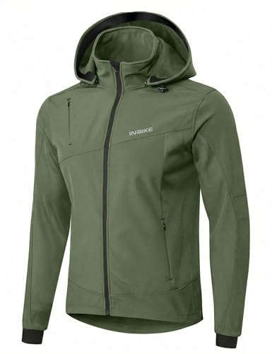 INBIKE Giacca Softshell da Uomo con Cappuccio Giubbotto Trekking Impermeabile Invernale Antivento per Montagna,Corsa,Ciclismo e Altre attività Outdoor Verde,S