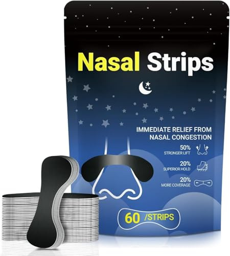 60ct Nasal Strips for Snoring,Extra Strength Nasal Strips for Breathing,Hypoallergenic Strong Nasal Strips Tape, Boost Oxygen Intake,Improve Sleep Quality,Latex Free,Skin Safe Nasal Strips - Black