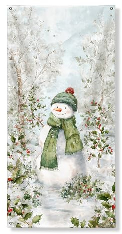 Decorazione invernale per porta con pupazzo di neve, affascinante figura fredda con sciarpa verde, decorazione stagionale per interni ed esterni, 91 x 182 cm