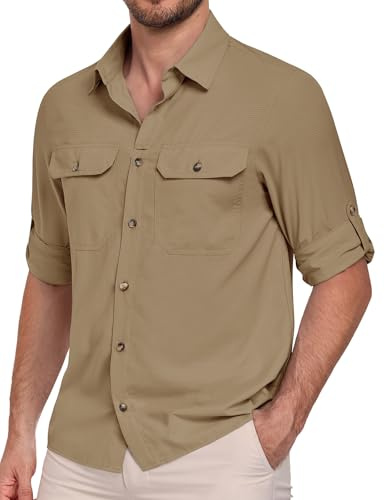 Xnova Men's Long Sleeve Hiking Shirts Relaxed Fit Sun UV Protection Safari Shirt Button-Down Breathable Quick Dry Multifunctional Outdoor Shirts with Pockets (Khaki, L)