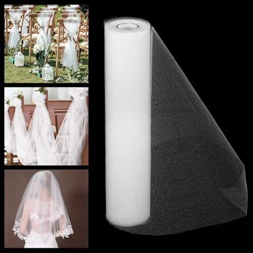 Alaoo Rollo de Tela de Tul Blanco,29CMx26M,Carrete de Tela deTul con Cinta,Carrete de Malla de Poliéster para Manualidades, Fiestas de CumpleañosBodas, Decoraciones de Navidad,Blanco