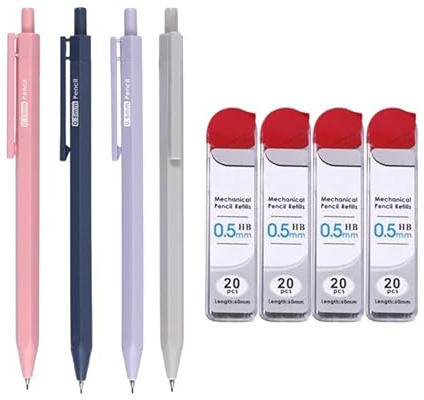 Janrax 4 Sets of 0.5mm Mechanical Pencil and HB Lead Refills – Hexagonal Grip, Smooth & Precise Writing, Random Colour